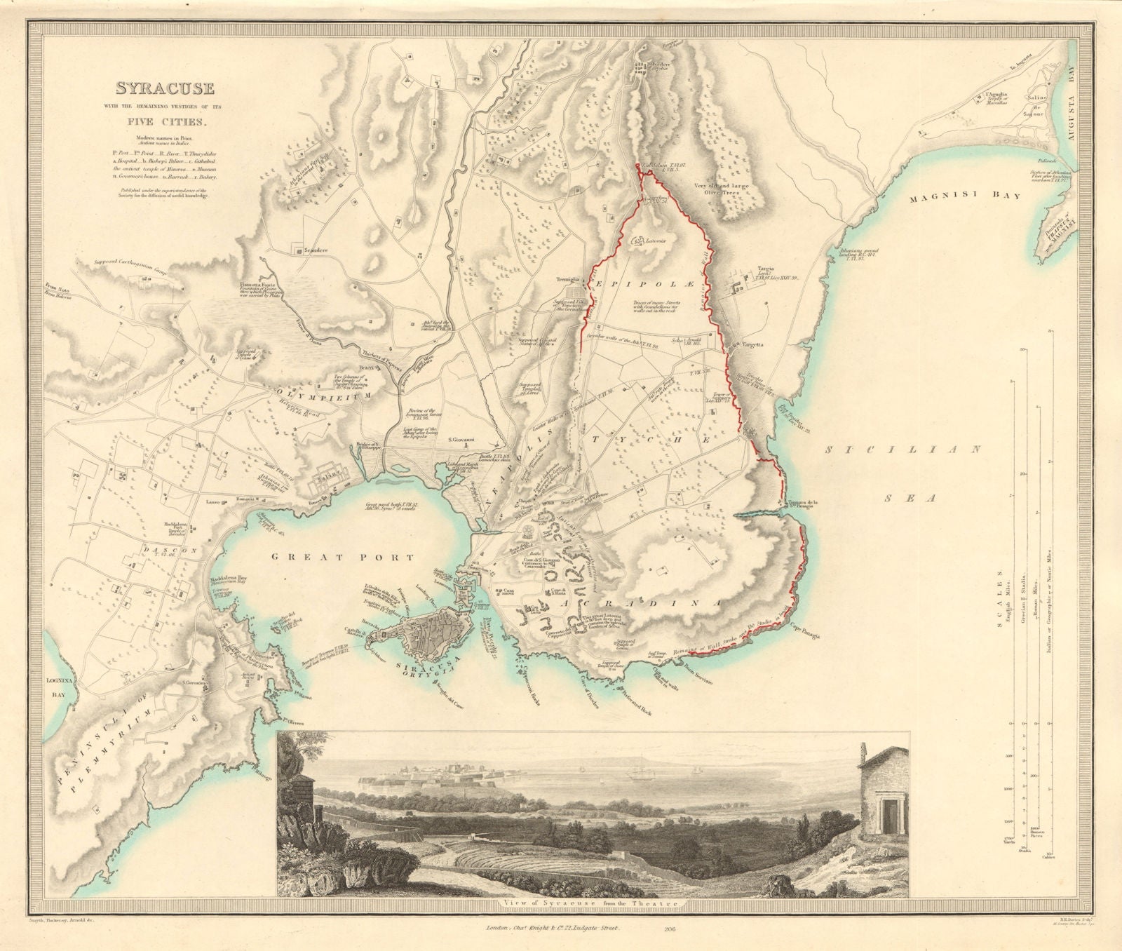 SYRACUSE SIRACUSA antique town city map plan. Remains of its 5 cities. SDUK 1847